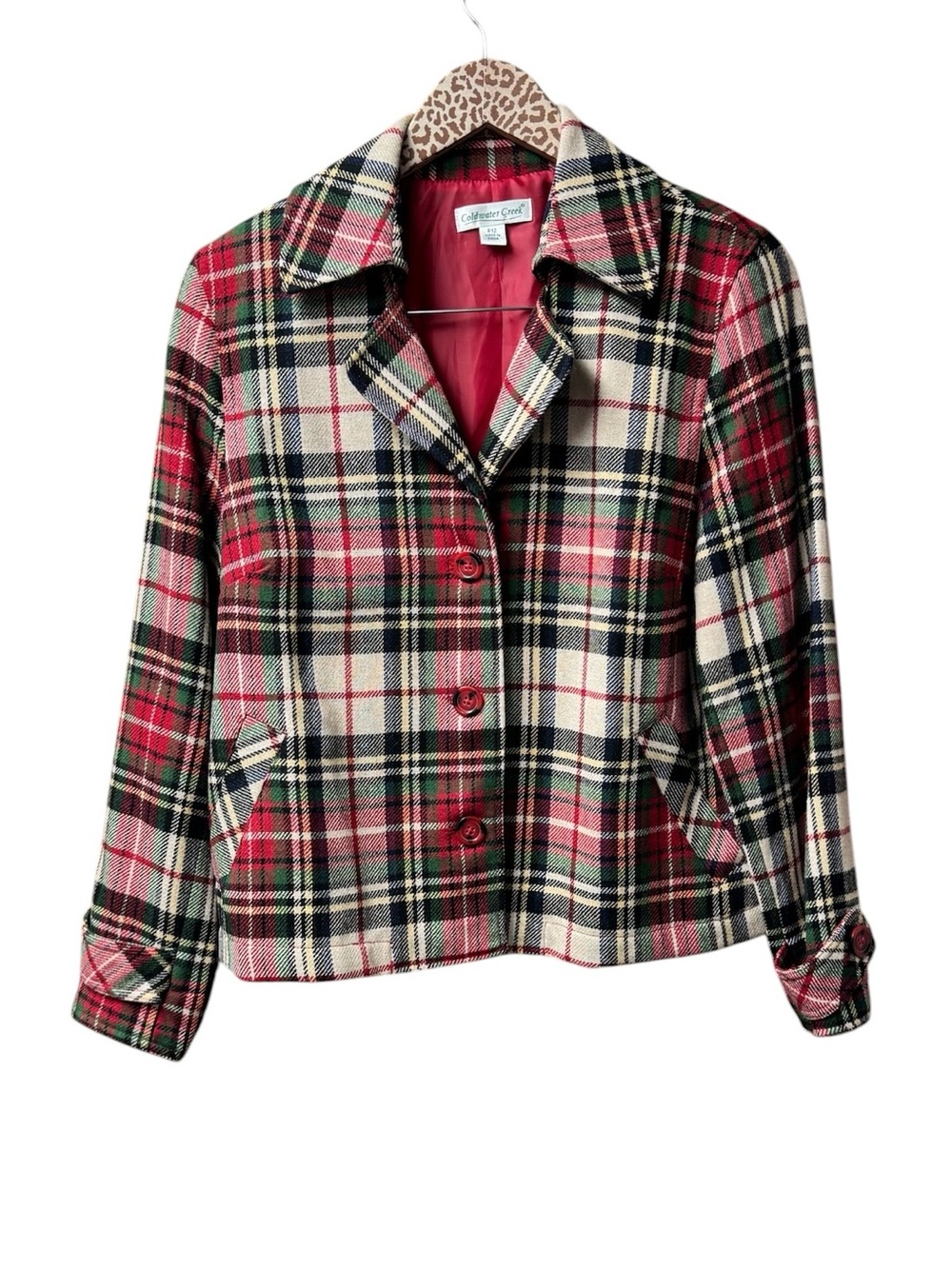 Coldwater Creek Wool Blend Plaid Checked Blazer Jacket Red Tan 12P Petite